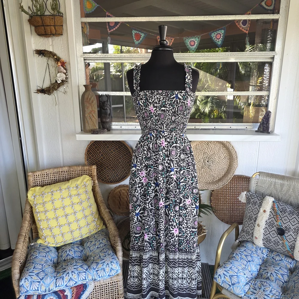 Marine Layer Small Long Dress Black and Pink Maxi Dress Floral Boho Chic - Picture 12 of 16